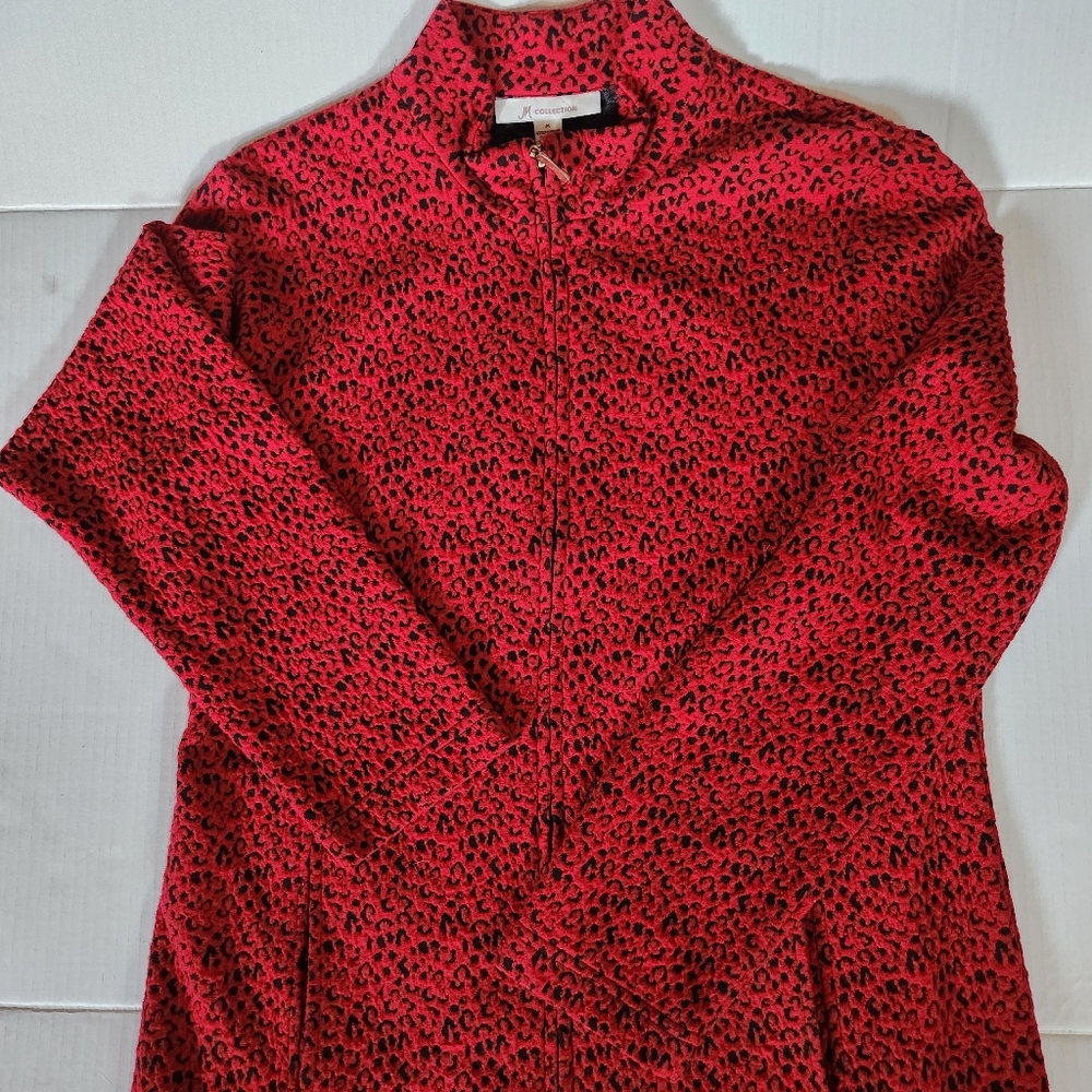 JM Collection Red Leopard Zip Up Sweater Jacket | Medium Knit Animal Print